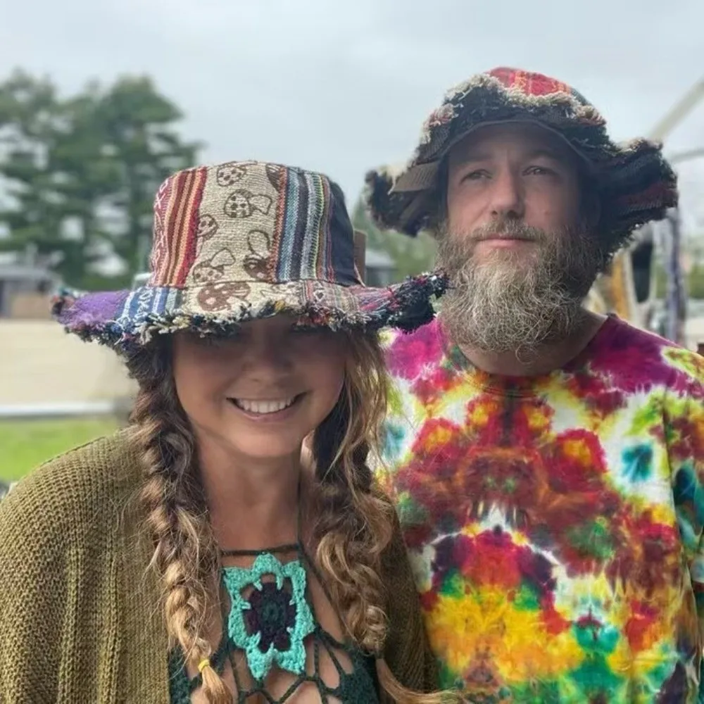 Creativity Patchwork Multicolored Mushroom Hemp Hat with Hidden Bucket Hat Fedorahats Wide-brimmed Hippie Mushroom Straw Cap