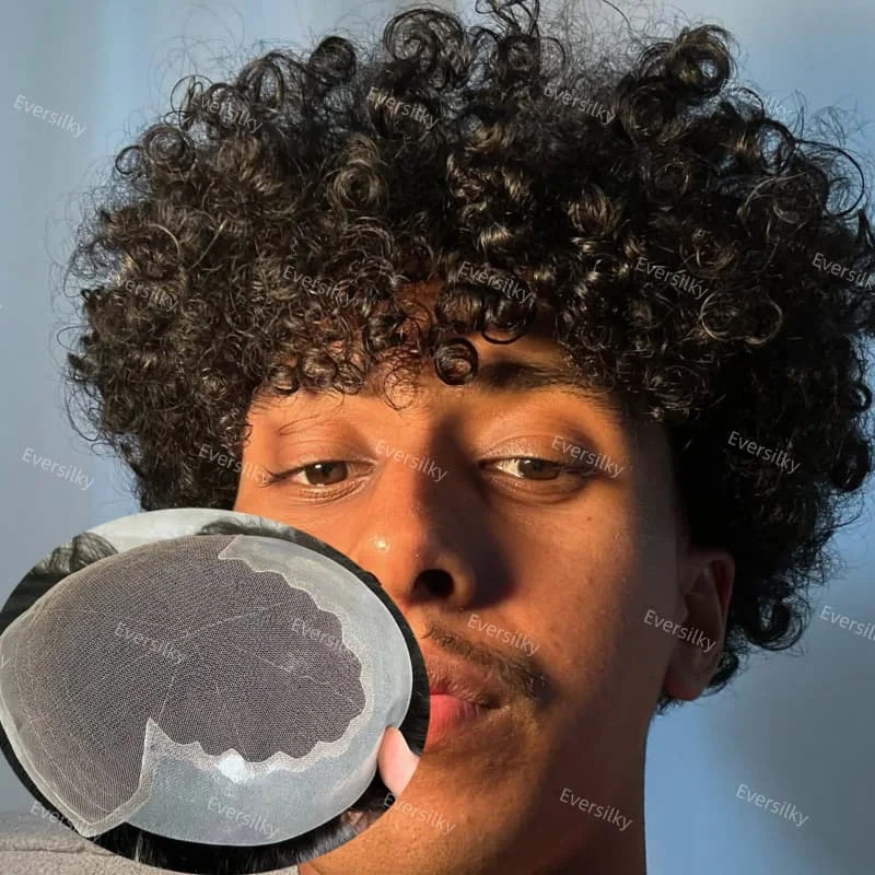 

High-quality 15mm 18mm 20mm curl Afro Tight Curly Men's African American Wig breathable lace & NPU Q6 prosthesis hair men toupee