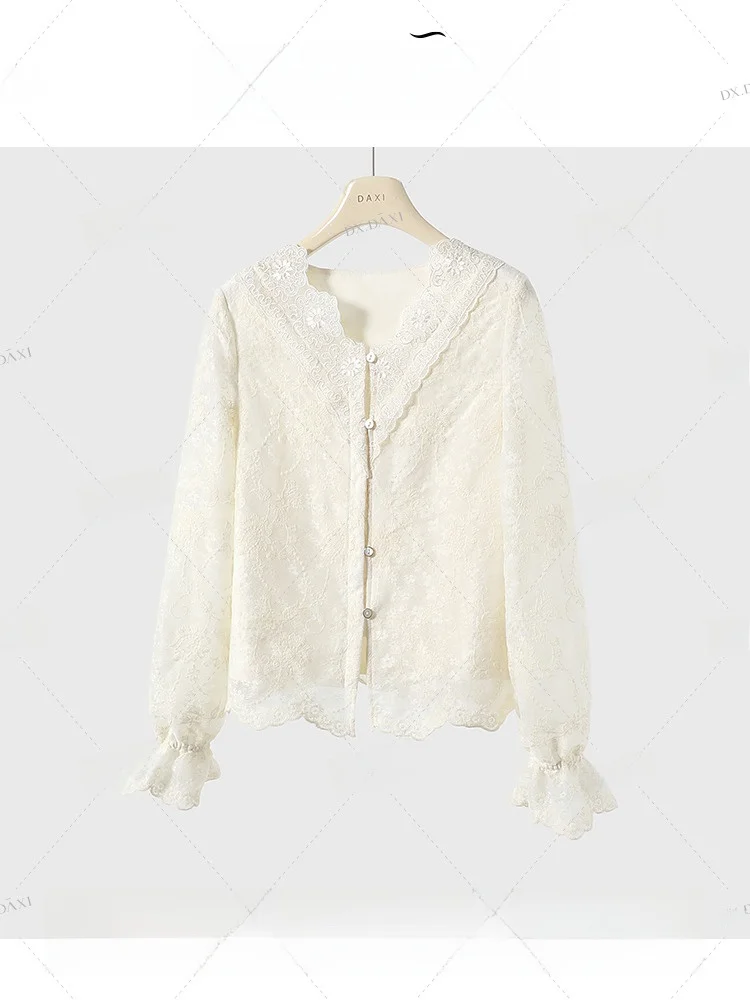 

Slimming Effectiven Lace Long Sve V-Ne White irt Women's Faion Autumn New Sle Small Fraance Wind irt