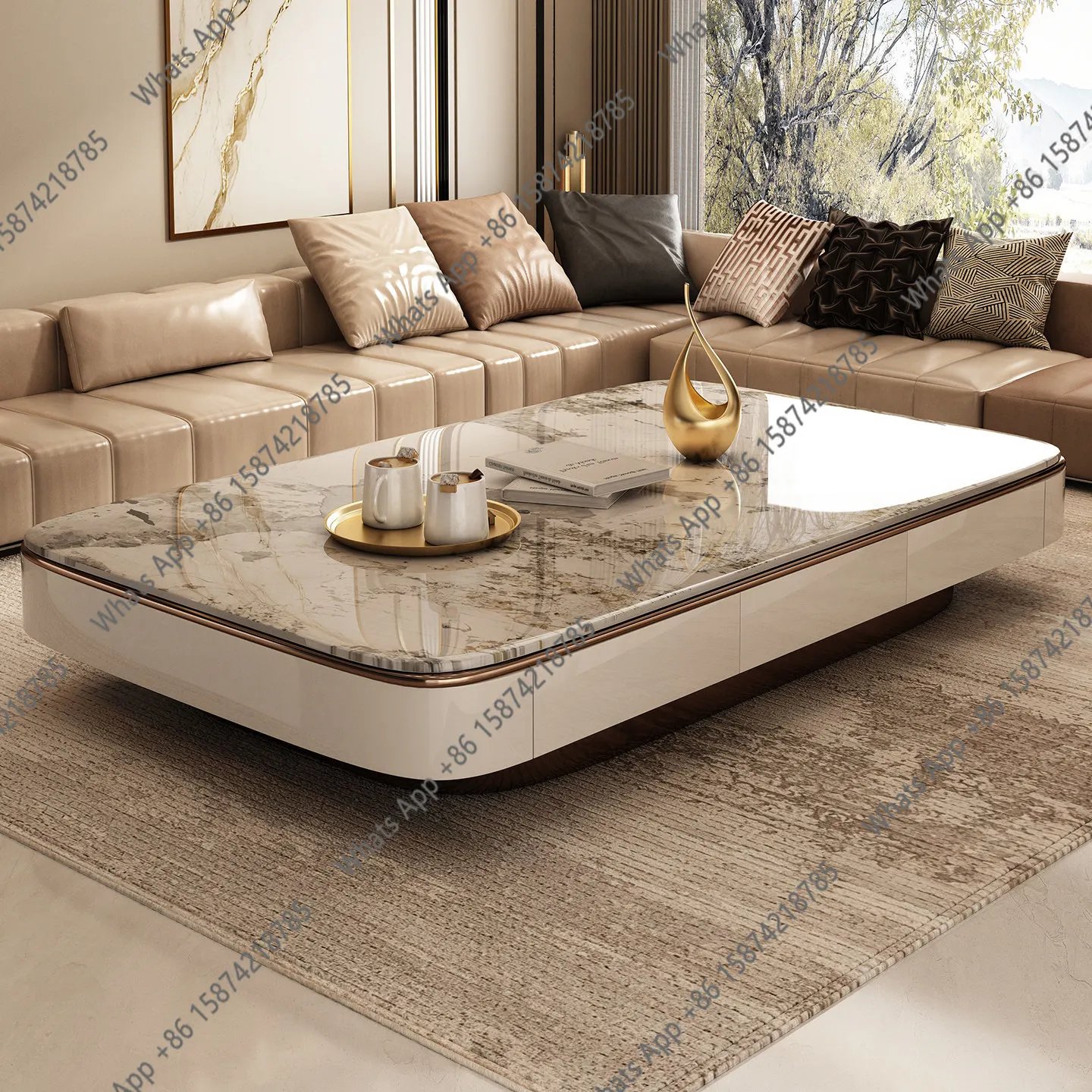 

Light luxury high-end coffee table living room household large storage coffee table designer rock slab 1.8 meters