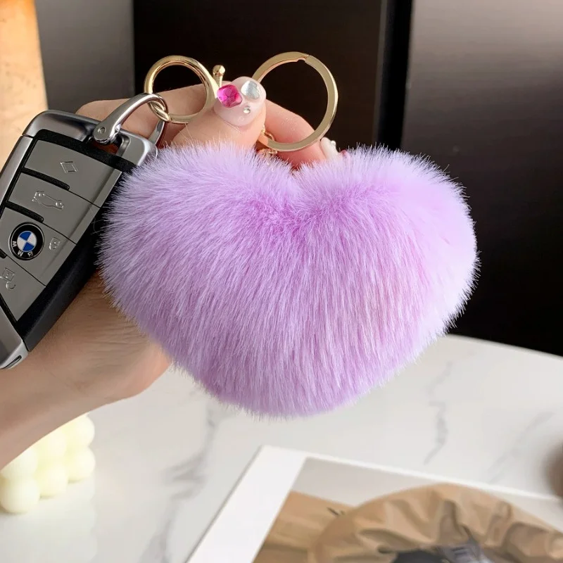 Cute Love Heart Plush Bag Pendant Fluffy Ball Imitation Rabbit Fur Key Chain Bag Accessories Solid Color Car Key Ring