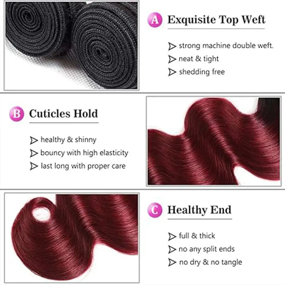 Rambut Bundel Gelombang Tubuh Warna Merah 99j 30 Inch, 16a Virgin Raw Unprocessed Human Hair Brazilian Doule Drawn, Ekstensi Rambut