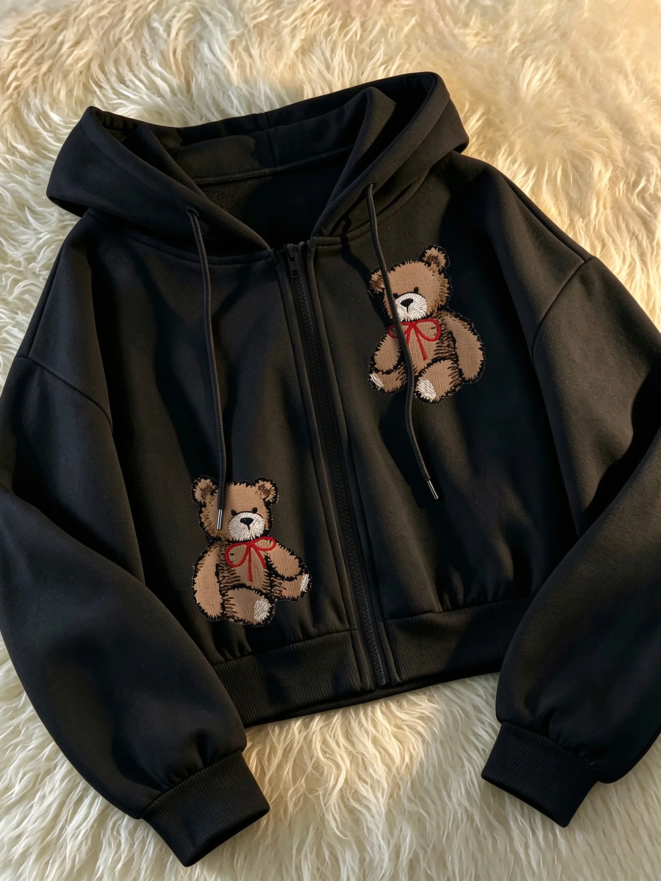 Hooded Sweatshirt |Faux Embroidered Bow Bear Print |Versatile Loose Fit Zip-Up Jacket  Women's Apparel