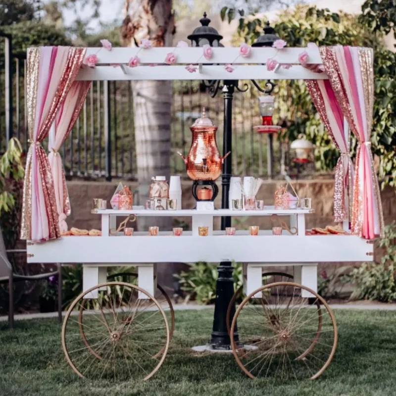 Flower Vending Trolley Cart Display Gold Cake Dessert Candy Cart with Wheels