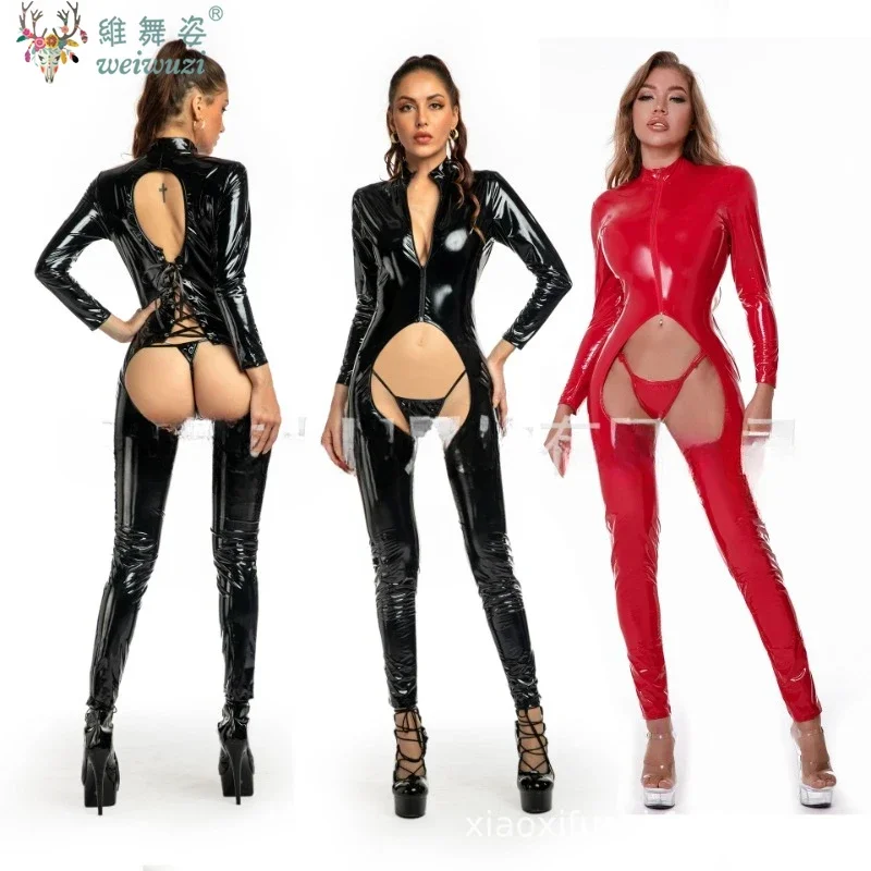 女性のセクシーな中空アウトラテックスキャットスーツ PVC フェイクレザー Wetlook ジャンプスーツホットエキゾチックな衣装ランジェリー PU ボディスーツクラブウェアオーバーオール