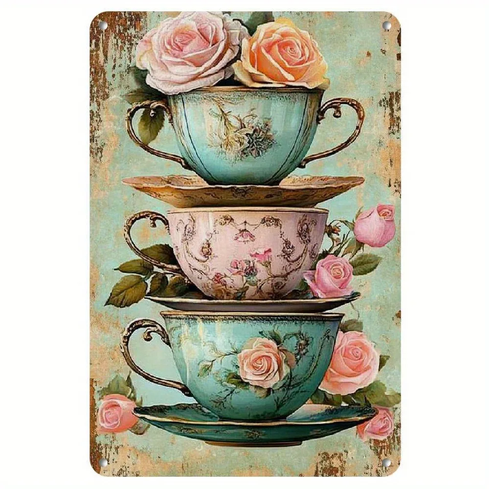 Vintage Metallschild mit Valentinsrose und Teetasse |   20x30 cm Romantische Wanddekoration für Café & Esszimmer