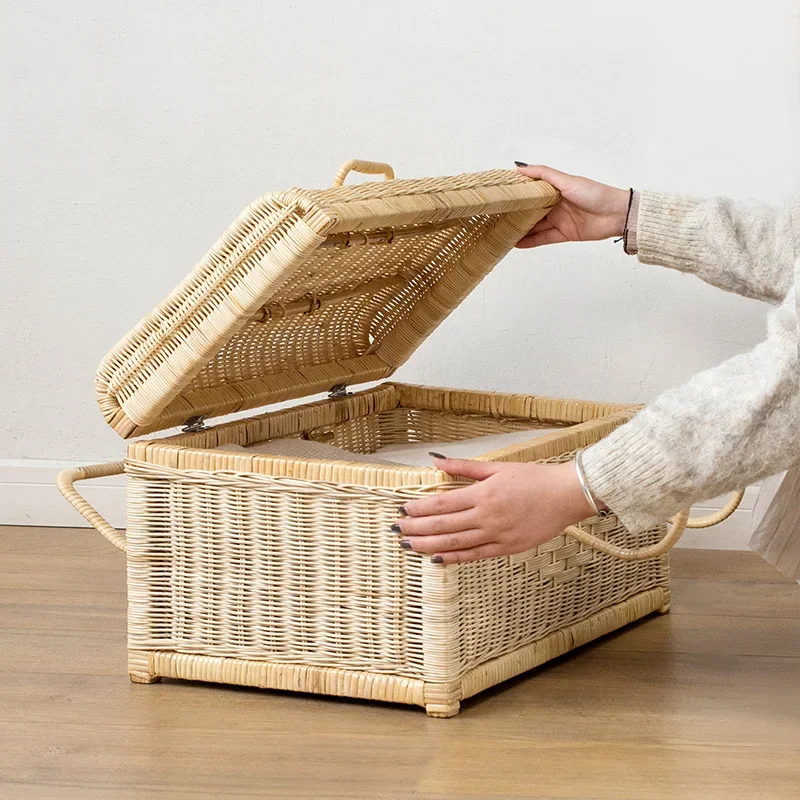 Indonesian Portable Cane Woven Storage Box: With Cover Clothes Organizer Multifunctional Travel Picnic Basket.