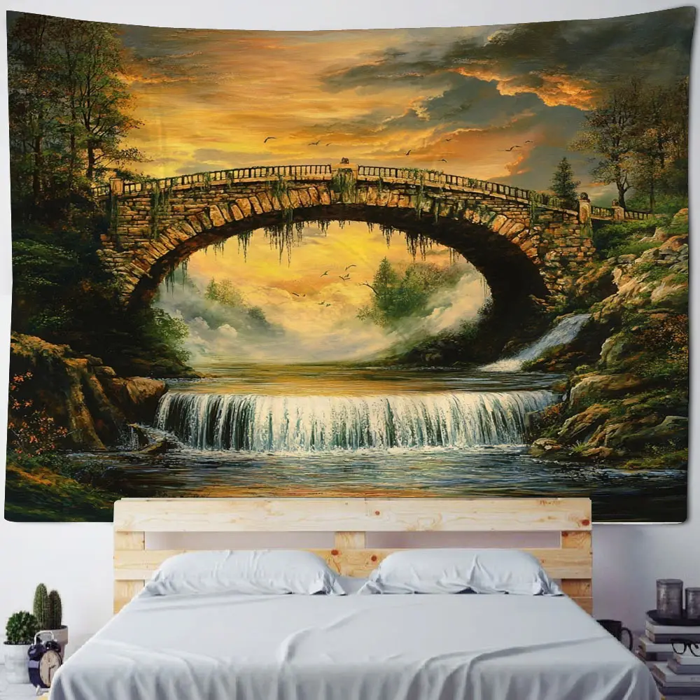 Bridge, cave, flowing water scenery, famous paintings, decorative tapestries, home backgrounds, wall decorations