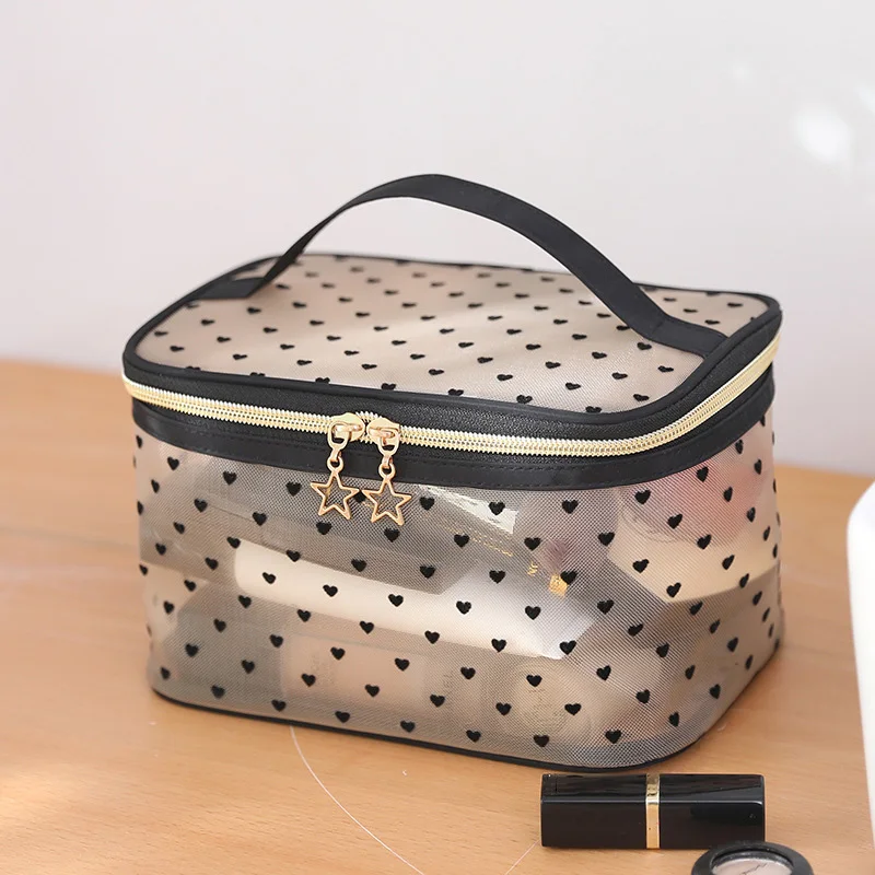 Fashion Black Nylon Mesh Cosmetic Bags Korean Love Heart Transparent Travel Makeup Storage Bag for Women Girls