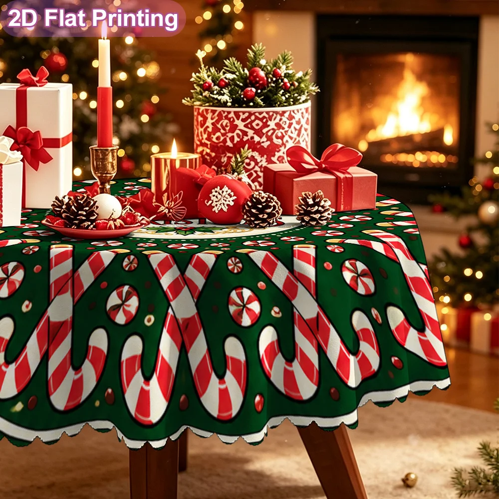 2D flat single-piece tablecloth, Merry Christmas candy bar round pad, seasonal pattern, holiday Halloween Christmas tablecloth