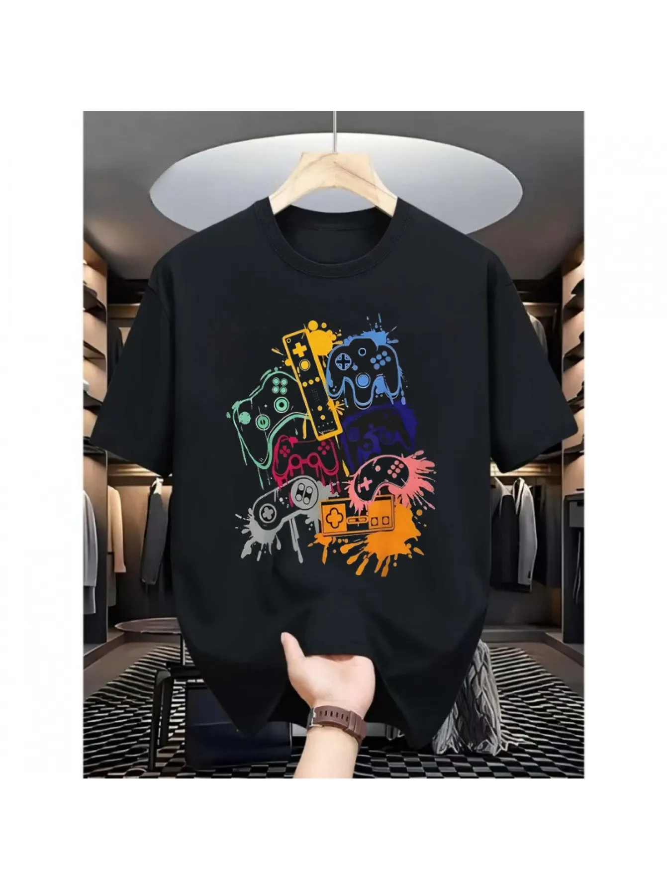 تي شيرت برسومات الألعاب للرجال - أسود مع تصميم وحدة تحكم - قميص صيفي خفيف الوزن للألعاب - أكمام قصيرة كاجوال قابلة للغسل في الغسالة - ملابس ألعاب مثالية، قماش مريح للتنفس، قميص على طراز الشارع