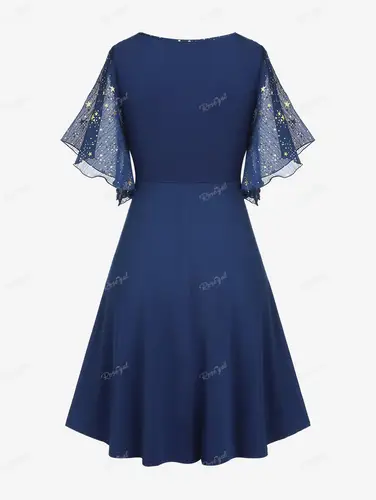 Imagen 2 del producto ROSEGAL, vestido de talla grande con estampado de estrellas y hebilla, bolsillos con botones, mangas de mariposa fruncidas, vestidos informales con cuello cuadrado azul profundo para mujer