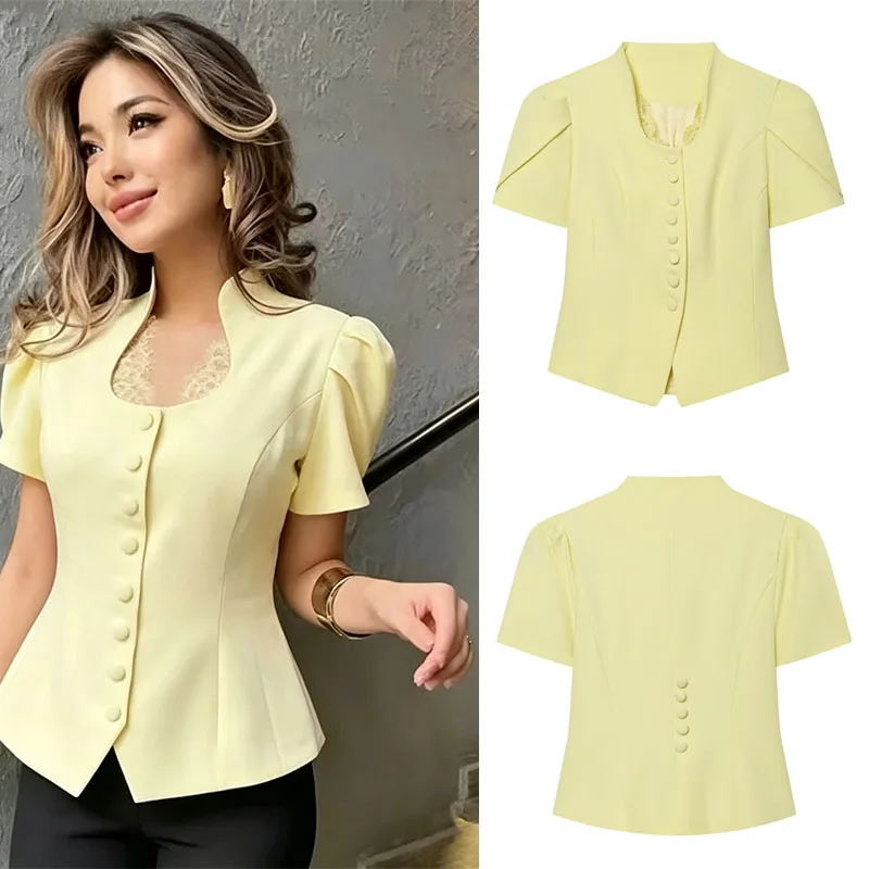 Guobioziy 2026 New Summer Women Blazer Jacket Short Sleeve Single Breasted Elegant Casual Cropped Suit Coat Female Fashion Outer