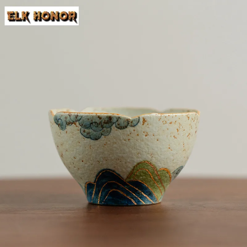 85ml Hand-painted Tracing Gold Green Mountains Teacup Luxury Tea Bowl Mug Tea-tasting Fragrance Cup Chazhan Master Cups Cafes