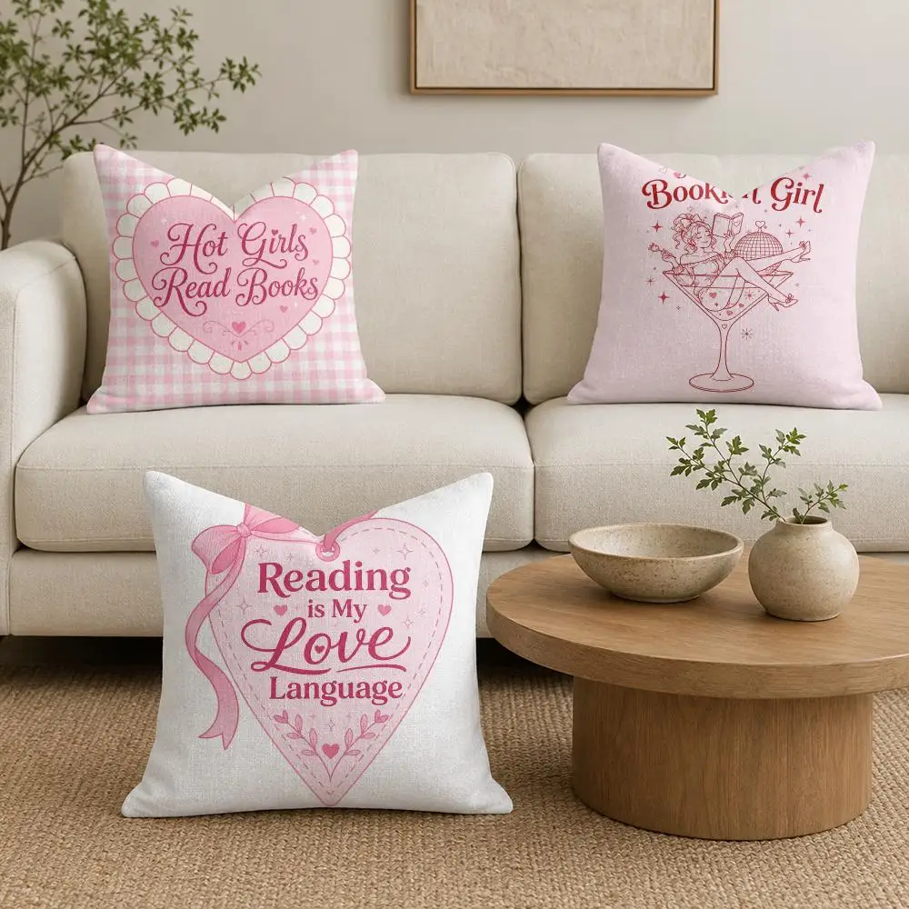 Pink Reading Girlish Style Cushion Cover Organic Linen Throw Pillow Cover Double-Sided Print Breathable Cushion Case Home Decor