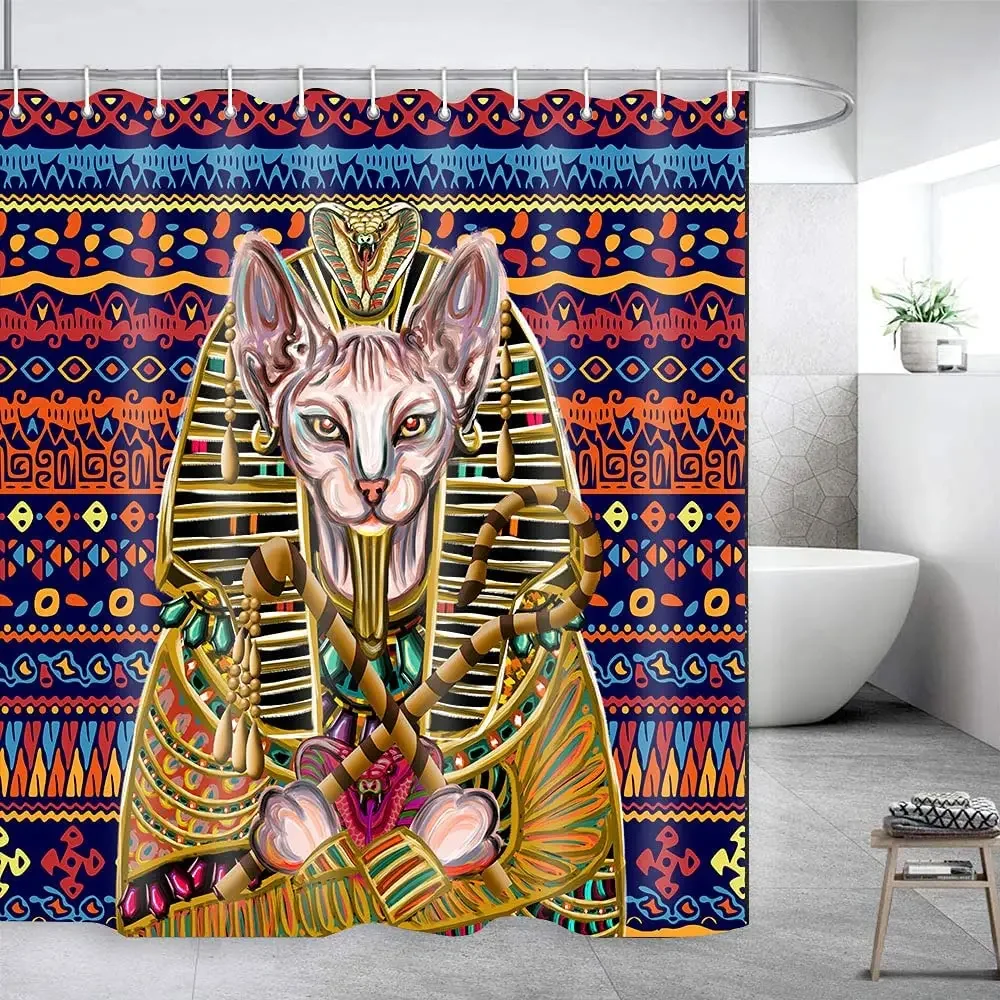 Egyptian Cat Pharaoh Retro Colorful Interesting Historical Art Shower Curtain Decoration Set