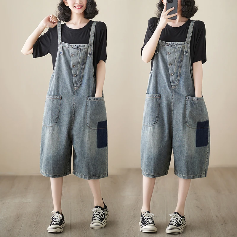 

plus Size Denim Overalls Women's Summer New Sle High Waist ort Jeans Straight Leg Color Blo Five-Quarter Pants