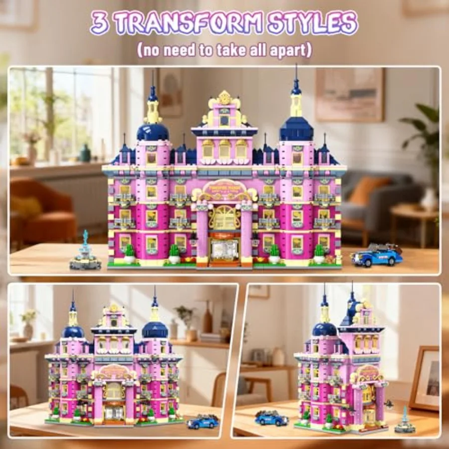 Pink Estate House Building Set with Lights, 3 Style Pinkspire Construction Model with Car Fountain, 1815 PCS Friends Villa Castl