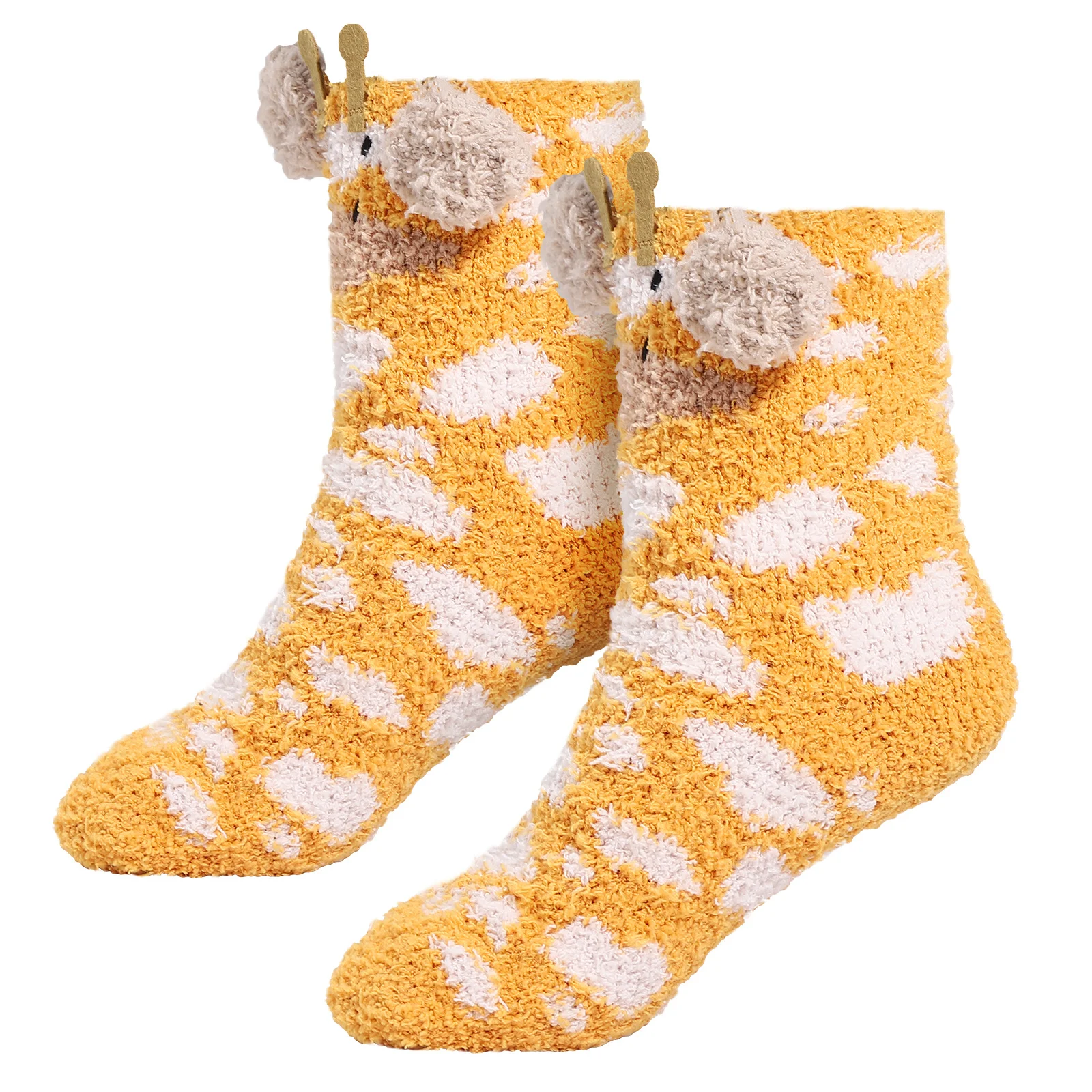

1Pair Embroidered 3D Ear Sleeping Socks Coral Fleece Warm Floor Stockings for Kids Non-Slip Winter Mid-Tube Comfortable Giraffe