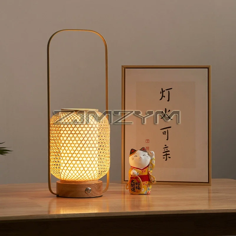 Chinese LED Table Lamp Retro Bamboo Weaving Handle Table Lamp Lighting Bedroom Bedside Living Room Decorative Table Lamp