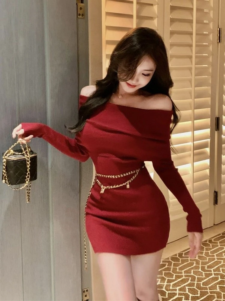 Rajstopy Damskie Sukienka Dzianinowa Obcisła Spódnica Wyszczuplająca Talia Jedno Ramię Elegancka Luksusowa Bawełniana Modna Sukienka Y2k Szydełkowe Sukienki dla Kobiet