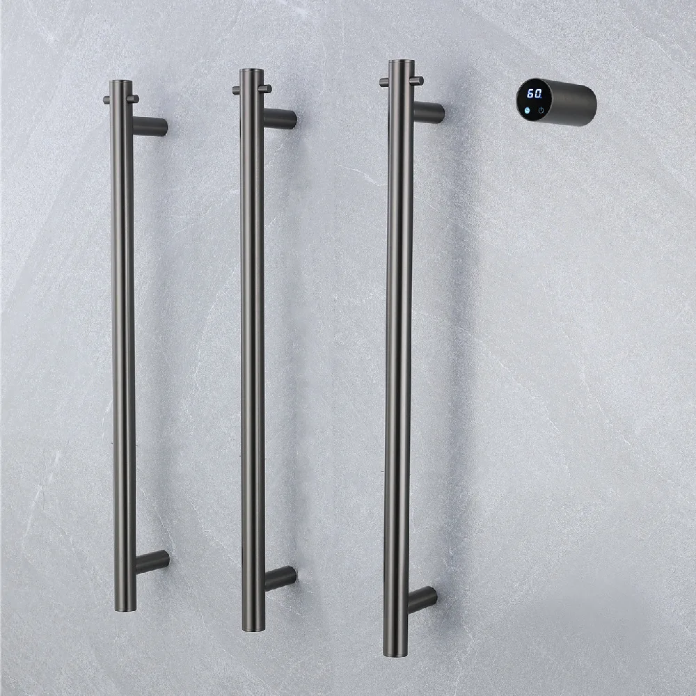 Stainless Steel Gun Grey Smart Thermostatic Electric Towel Warmer Timer Built in Carbon Fiber Drying Rack