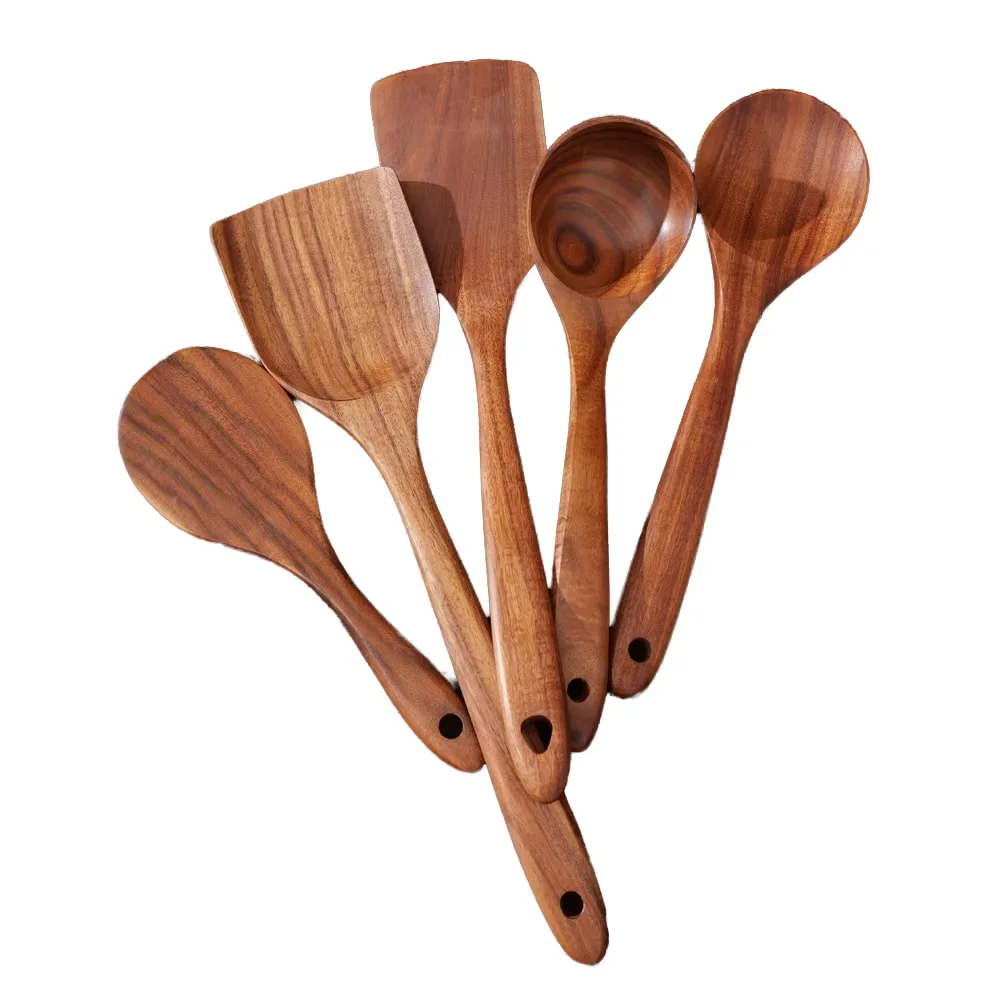 5Pcs/Set Eco Friendly Teak Wood Cooking Utensils Set Dishwasher Safe Non-Stick Cookware Pan Wooden Spatula Spoon Salad Fork With Spoon Rest Holder Home Kitchen Cooking Tool Gift Sets