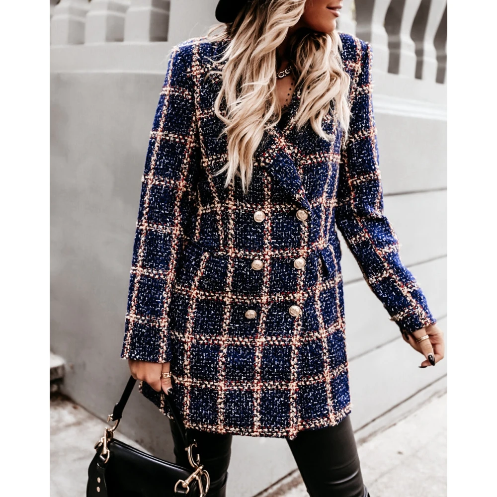 Women Plaid Tweed Double Breasted Nothched Collar Coats Femme Elegant Autumn Winter Outwear Clothing