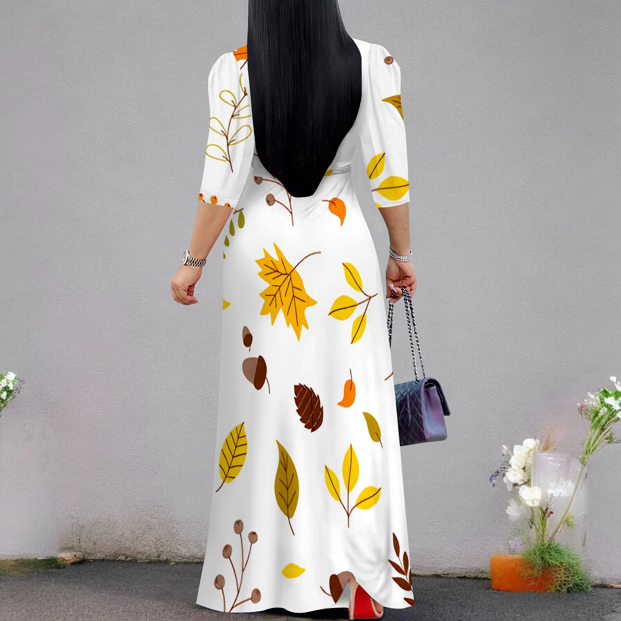 Plus Size Fall Leaf Print Maxi Dress V Neck Long Dress for Autumn Picnic or Thanksgiving