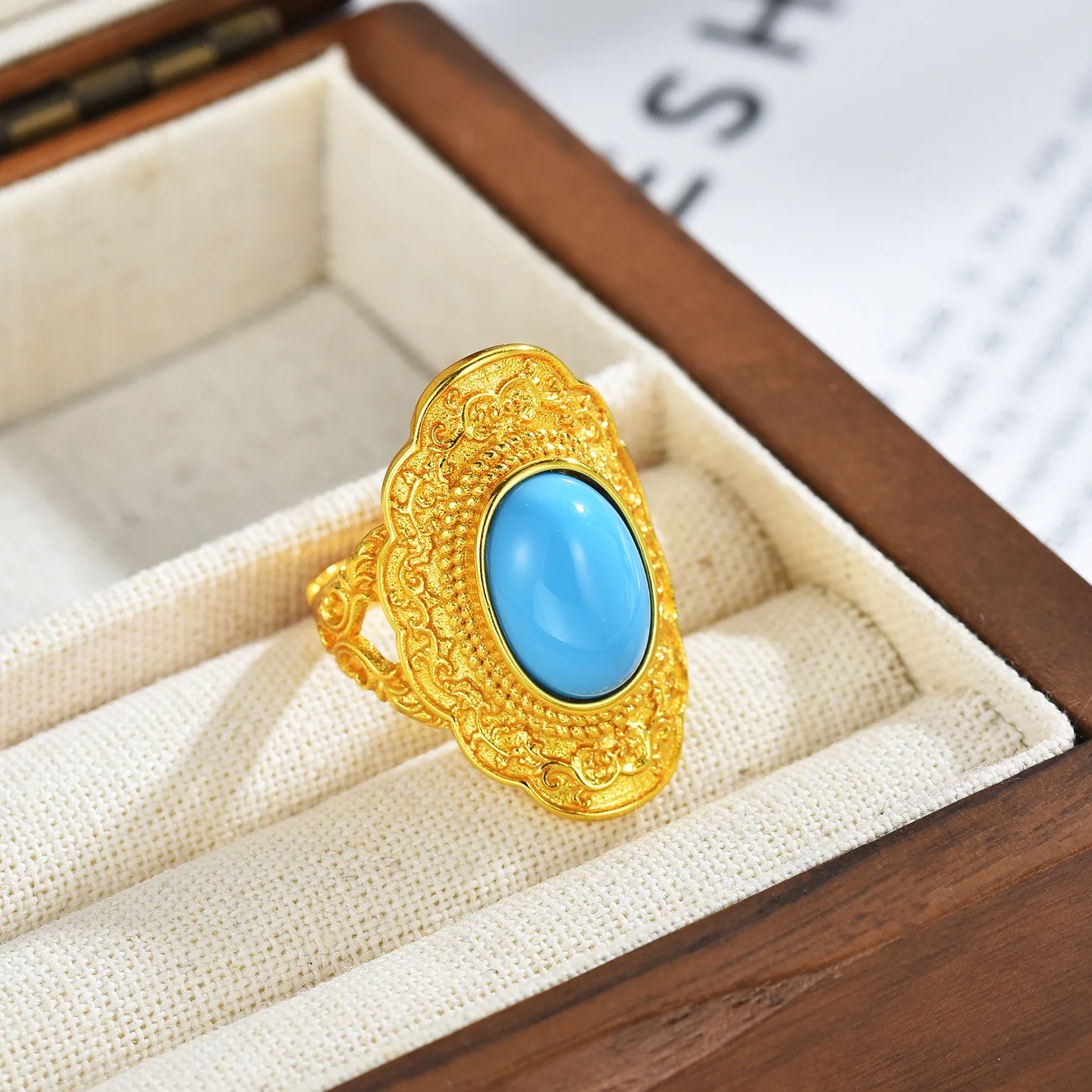 Luxury 24K 9999 Pure Gold real gold Women's Agate Blue Ring with Xiangyun Pattern