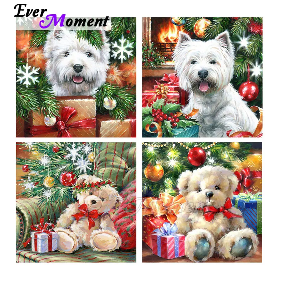 

Алмазная картина Ever Moment, мультяшная рождественская вышивка собаки, медведя, полная квадратная круглая дрель, украшение из смолы, алмаз ASF2242