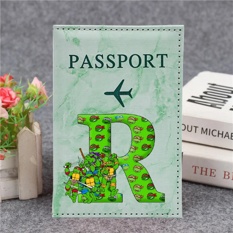 Teenage Mutant Ninjas Turtles Reisepasshülle für Kinder, niedliche Buchstaben A-Z, Schutzhüllen, Ausweishalter, Geldbörse, Reisezubehör, Geschenk