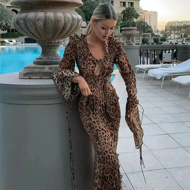 Leopard Ruffle Split Dress Women Spring Summer Sexy Lace Up V Neck Long Sleeve Bodycon Maxi Dresses Female Party Club Vestidos