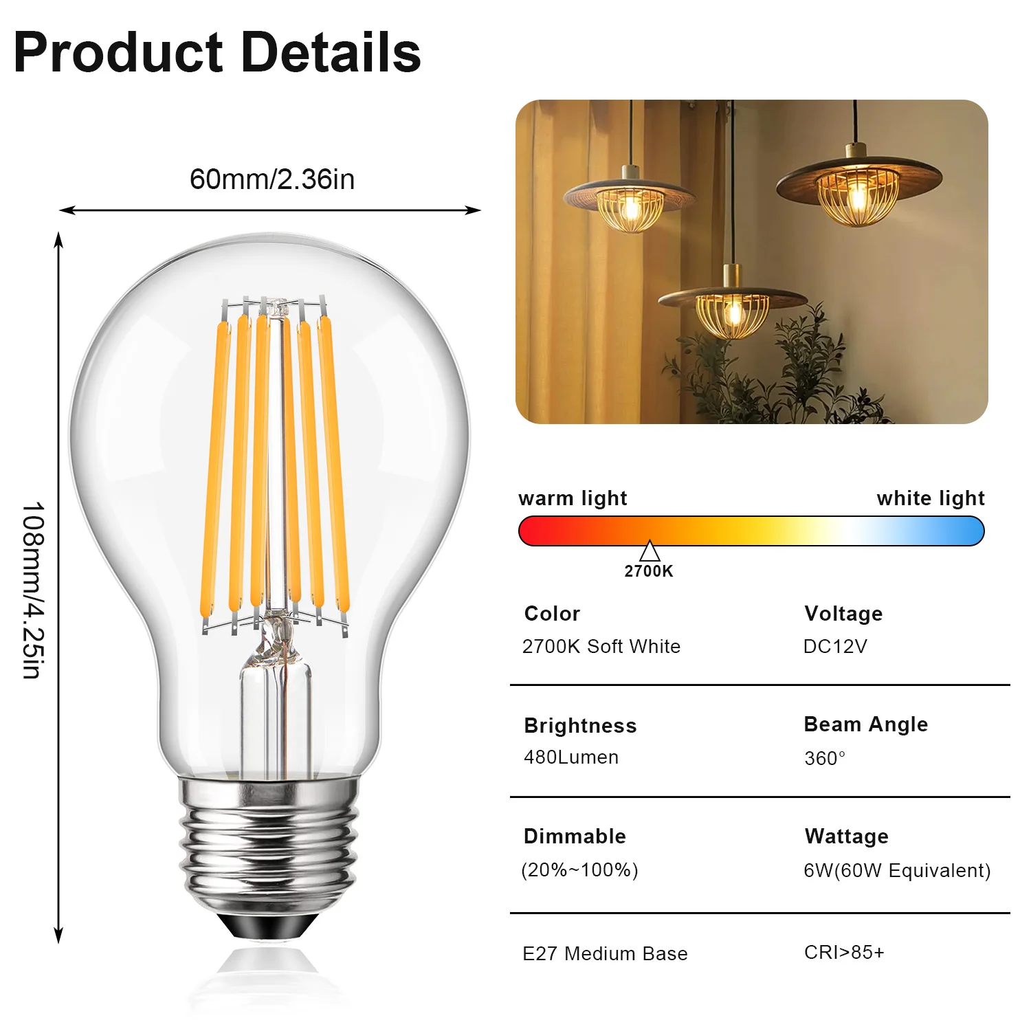 6PCS DC12V Led Light Bulbs E27 6W 220V Retro Dimmable Edison Bulb 2700K Energy- Saving Bulb For Hall Bedside Table Lamp Corridor
