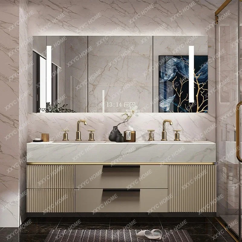 JYAX69 N Light Luxury Slate Integrated Basin Bathroom Cabinet Double Washbasin Combination Toilet Washbasin Modern Simple Oak Sm