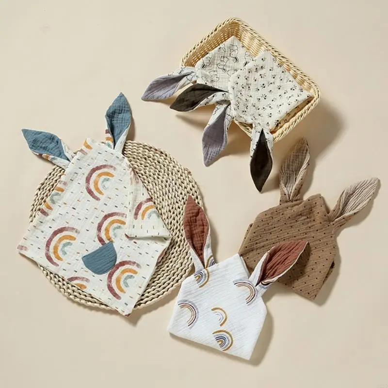 

Q22D Portable Cotton Muslin Comforter Security Blanket with Animal Ear & Pocket Multi-pattern Design New Babies Gift