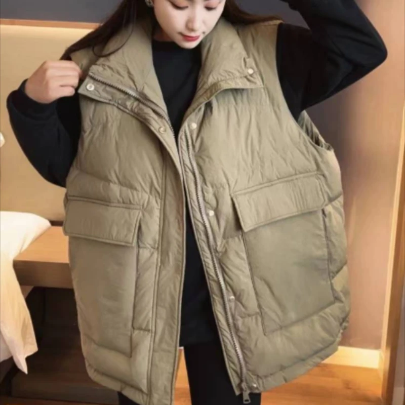 Women\'s Mid-length Waistcoat, Sleeveless Parkas, Down Vest, Thick Warm Puffer Vests, Korean Outerwear