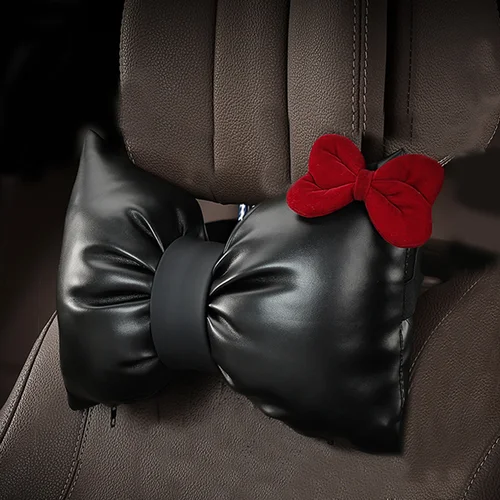 Imagen 2 del producto Almohada de cuero Pu con lazo rojo para el cuello del coche, reposacabezas en forma de arco, soporte para asiento, almohadas de cintura, accesorios de Interior de coche, 1 ud.