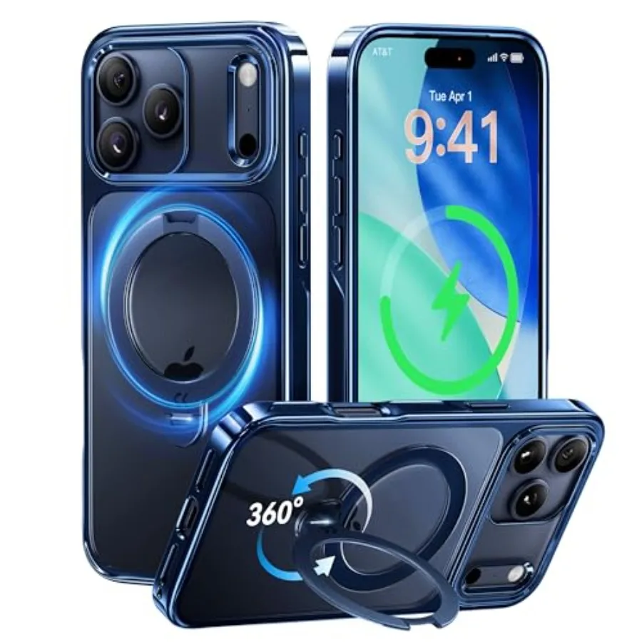 Custodia con supporto magnetico Spin 360 dal design lucido blu intenso per iPhone 17 Pro con compatibilità MagSafe e protezione militare da 17 piedi