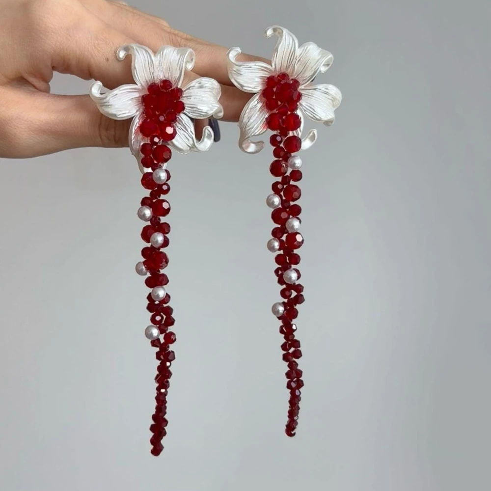 

Red Crystal Flower Earrings for Women Long Crystal Simulated Pearl Beaded Big Resin Floral Earrings Halloween Party Jewelry