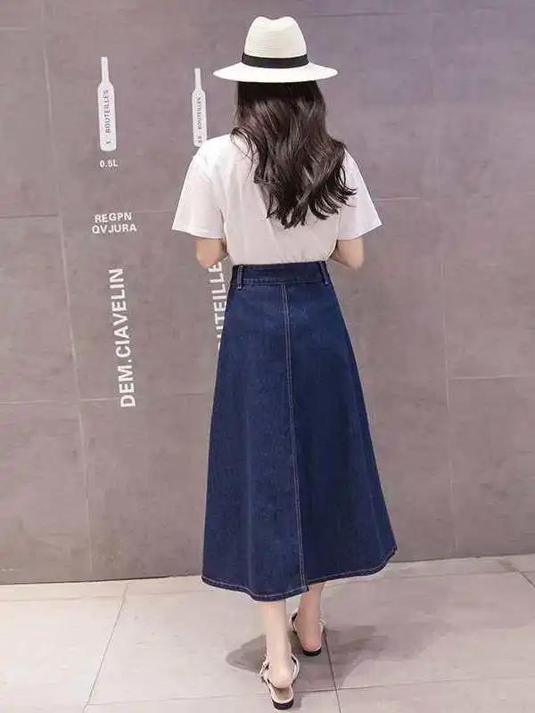 

Джинсовая юбка А-силуэта для весны и лета, длинная, с завышенной талией, из полиэстера, для повседневной носки, подходит для прогулок