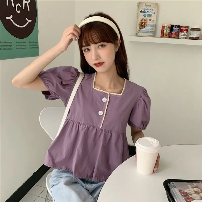 Short Sleeved Shirt Women's Loose Summer New Korean Version Design Doll Style Shirt Bubble Sleeve Square Neck Shirt Short Top