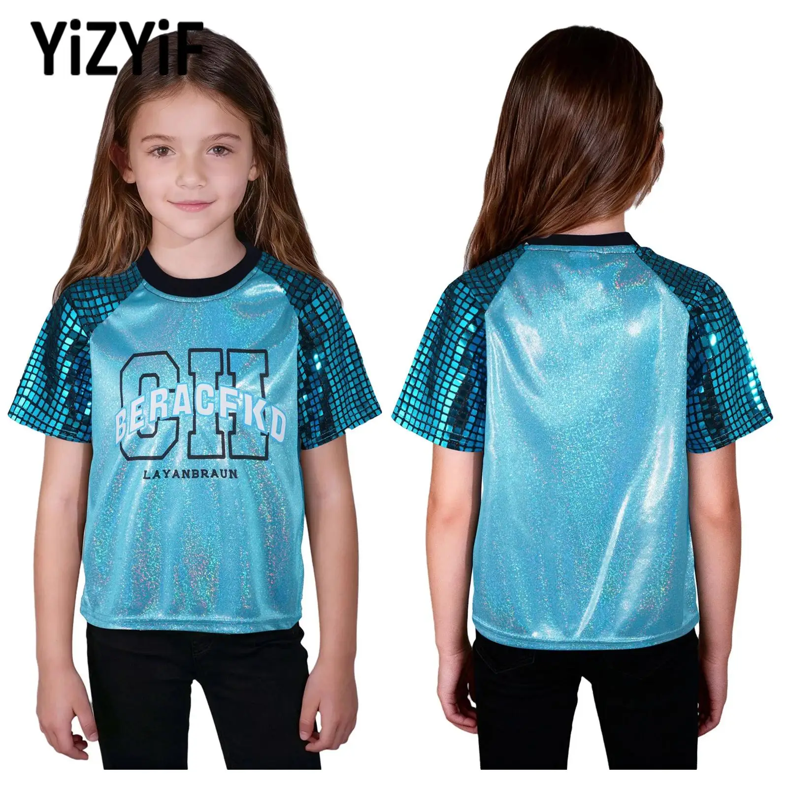 

Girls Boys Jazz Hip Hop Dance Costumes Shiny Plaid Sequins Short Sleeves Metallic Tops for Cheerleading Dance Stage Performance
