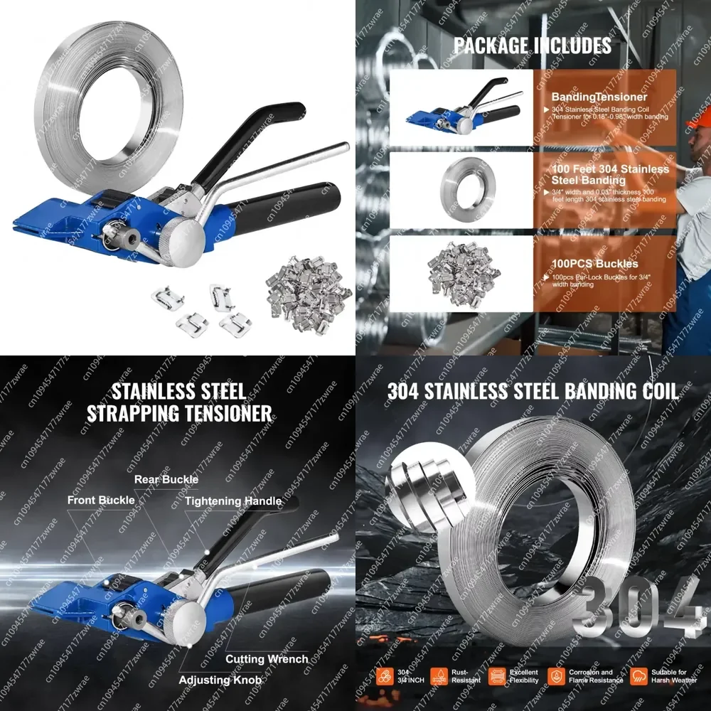 Banding Strapping Kit For Packing,Strapping Tensioner Tool, 100 Ft Length 304 Stainless Steel Banding 100 Metal Seals
