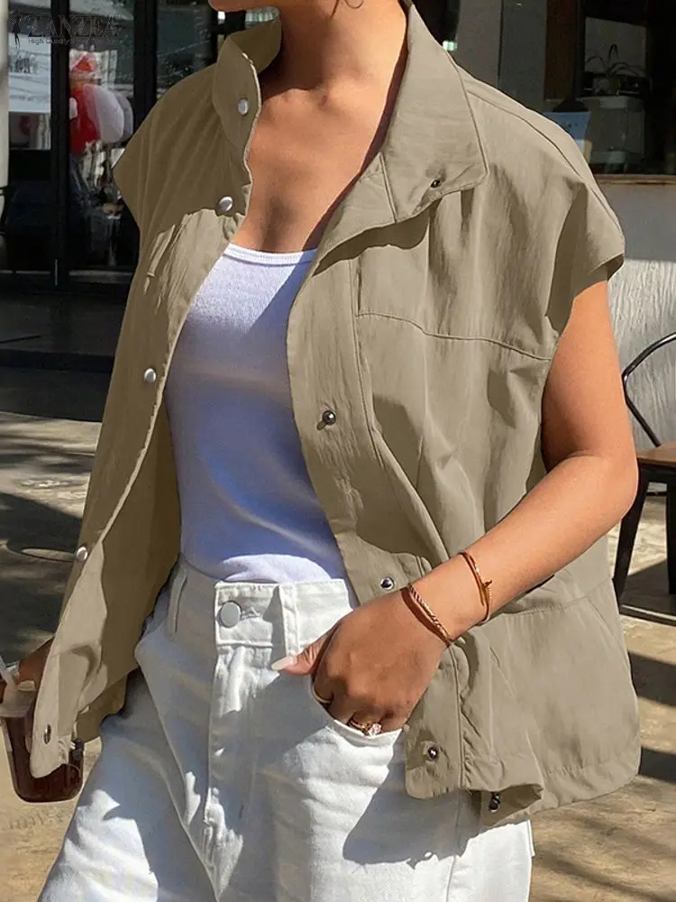 ZANZEA سترات نسائية عصرية ذات ثنيات وياقة مقلوبة وأكمام قصيرة وأزرار علوية بلون سادة وحاشية برباط صدريات نسائية