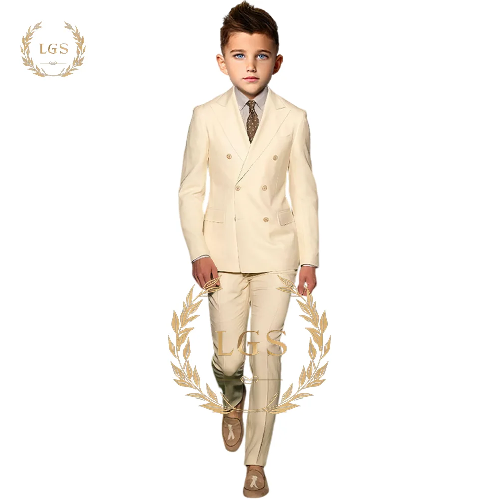 Beige Boys' Double Breasted Suit Set of 2 - Elegant Handmade Custom Suits for Parties, Weddings and Special Occasions