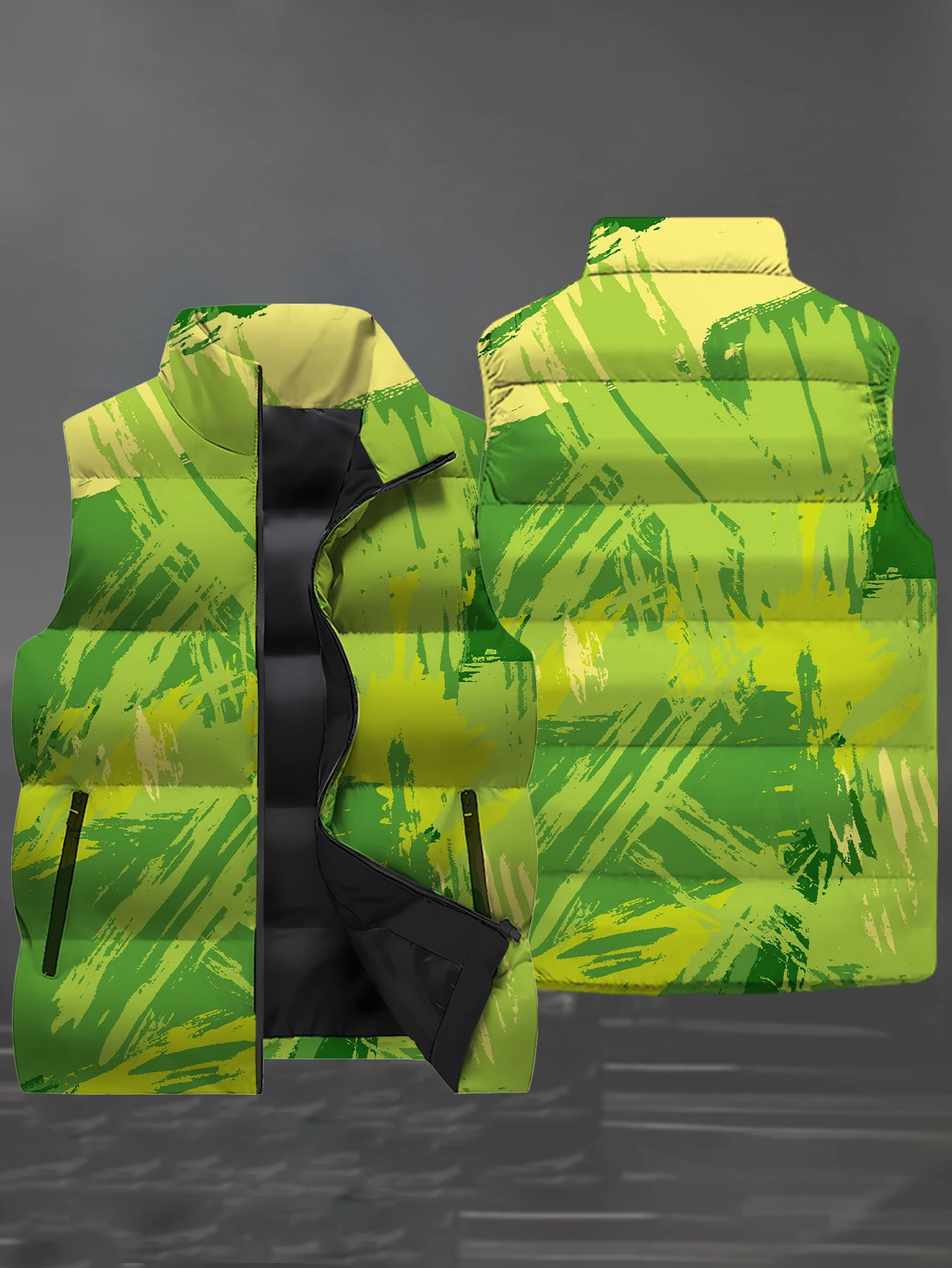 Men Stand Collar Puffer Vest 3D Full Print Green Yellow Brush Stroke Graffiti Art Pattern Sleeveless Padded Jacket Winter Warm S