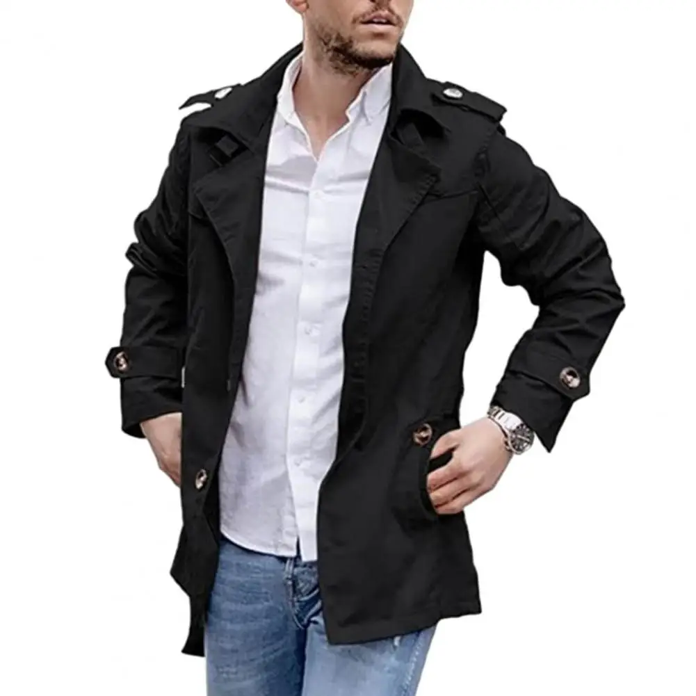 Men Trench Coat Regular Fit Coat Stylish Men's Mid Length Trench Coat Windproof Casual Streetwear Jacket with Lapel for Fall