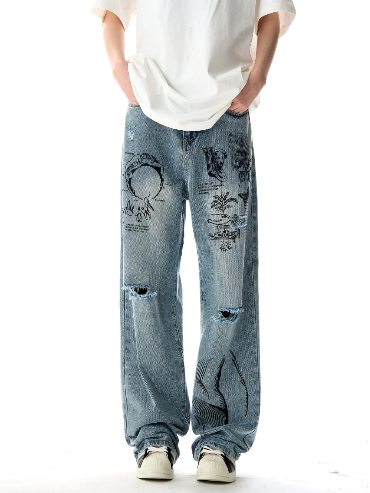 

2024 American graffiti printed ripped jeans for men and women, washed and worn loose straight leg wide leg pants