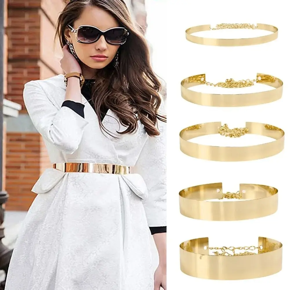 

Women Metal Designer Belt New Adjustable Fashion Dress Bling Waistband Vintage Luxury Gold Silver Mirror Waistband